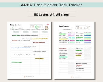 Planejador de blocos de tempo para TDAH para imprimir, página de rastreamento de tarefas (PDF para A4, A5, Carta EUA)