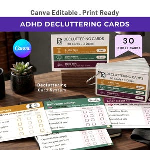 ADHD Decluttering Cards, Keep Donate Toss Checklist, Editable Canva Declutter System