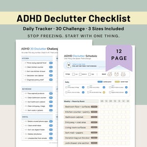 Puede incluir: Lista de verificación de limpieza de TDAH con un rastreador diario, 30 desafíos y 3 tamaños. La lista de verificación incluye secciones para la cocina, el baño y los espacios digitales. El texto dice: "DEJA DE CONGELARTE. COMIENZA CON UNA COSA."