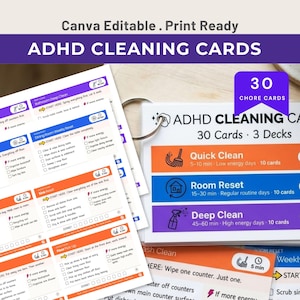 May include: A set of ADHD cleaning cards on a metal ring, featuring 30 chore cards divided into three decks. The cards include text such as Quick Clean, Room Reset, and Deep Clean, with color-coded sections, icons, and checklists for household tasks.