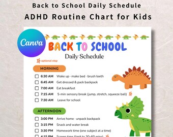 Tabla de rutinas para niños con TDAH, horario diario para la vuelta al cole, plantilla imprimible de Canva con dinosaurios