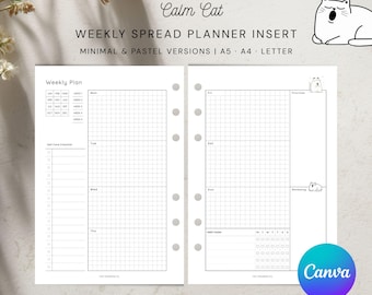 Inserto para planificador semanal A5, editable en Canva, vista semanal, seguimiento de hábitos, descarga instantánea.