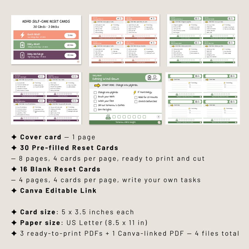 ADHD Self-Care Reset Cards Whats Included Printable Bundle