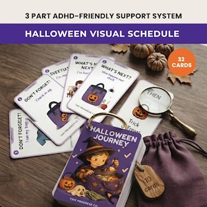 May include: A 32-card Halloween visual schedule support system featuring cards with illustrations of pumpkins, a witch, and text like 'What's Next' and 'Don't Forget'. Includes a metal ring, a magnifying glass, and a purple fabric drawstring bag.