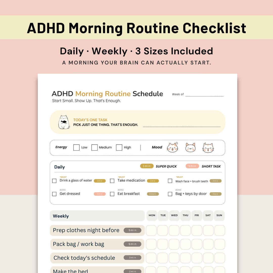 ADHD Morning Routine Checklist Printable for Adults, Neurodivergent ...
