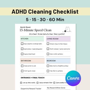 Tableau des tâches ménagères TDAH pour adultes, liste de contrôle de nettoyage neurodivergent imprimable, programme de nettoyage rapide, téléchargement immédiat