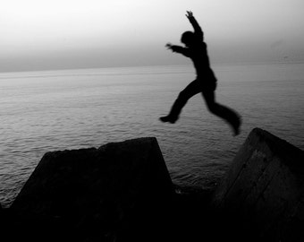 Photography print. Leap of Faith. Black & white photography. Photo wall art. A4 print. Monochrome. Photograph. Jumping. Leaping. Freedom.