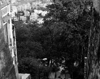 May include: A black and white high-angle view of a long stone staircase descending through trees toward a city. Prayer flags are strung across the top of the frame, and several people are walking down the stairs between stone walls and railings.