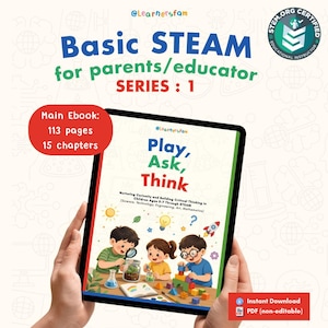 Puede incluir: Una tableta digital que muestra la portada de un libro electrónico titulada Play, Ask, Think, Nurturing Curiosity and Building Critical Thinking in Children Ages 0-7 Through STEAM. La portada muestra a tres niños jugando con herramientas científicas y bloques, con texto que indica 113 páginas y 15 capítulos.