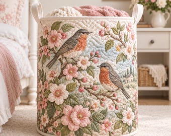 Robin Bird Floral Laundry Basket, Cherry Blossom Storage Hamper for Women, Cottagecore Bedroom Decor, Bird Lover Gift