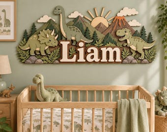 Personalized Dinosaur Nursery Name Sign, Custom T Rex Triceratops Wall Decor for Baby Boy, Dino Baby Shower Gift, Kids Room Decor