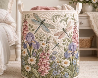 Dragonfly Floral Laundry Basket, Wildflower Iris Storage Hamper for Women, Cottagecore Bedroom Decor, Gardener Gift