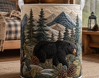 Black Bear Quilted Laundry Basket, Mountain Forest Storage Hamper for Cabin Lovers, Rustic Lodge Gift, Blanket & Toy Organizer