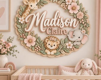 Personalized Safari Nursery Name Sign, Custom Giraffe Elephant Lion Wall Decor for Baby Girl, Baby Shower Gift, Floral Nursery