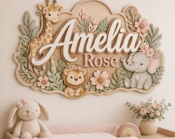 Personalized Safari Nursery Name Sign, Custom Baby Girl Wall Decor, Jungle Animal Birth Gift, Boho Nursery Decor