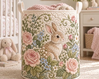 Bunny Floral Laundry Basket, Rabbit Rose Storage Hamper for Baby Girl, Easter Gift, Cottagecore Nursery Decor