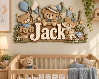 Personalized Teddy Bear Nursery Name Sign, Custom Baby Boy Wall Decor, Newborn Gift, Woodland Bear Kids Room Decor