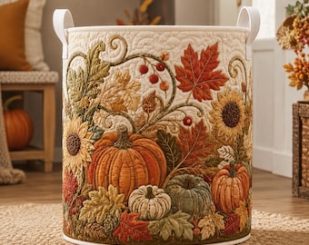 Fall Quilted Laundry Basket, Pumpkin Storage Hamper for Mom, Thanksgiving Gift, Autumn Farmhouse Decor, Blanket & Toy Organizer