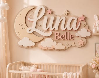 Personalized Moon & Stars Baby Name Sign, Celestial Nursery Wall Decor, Custom Girl Room Sign