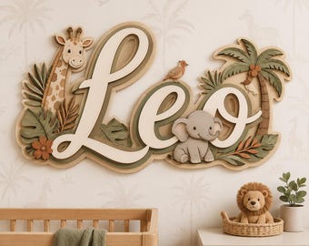 Personalized Safari Nursery Name Sign, Jungle Baby Boy Wall Decor, Custom Animal Room Sign