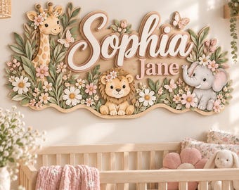 Custom Floral Safari Name Sign, Personalized Giraffe Lion Elephant Wall Decor for Baby Girl, First Birthday Gift, Boho Kids Room
