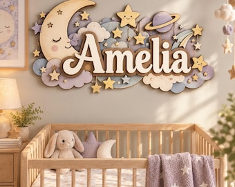 Personalized Celestial Nursery Name Sign, Custom Moon Stars Wall Decor for Baby Girl, Baby Shower Gift, Dreamy Nursery Decor