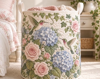 Floral Hummingbird Laundry Basket, Rose Hydrangea Storage Hamper for Women, Cottagecore Bedroom Decor, Housewarming Gift