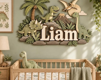 Personalized Dinosaur Nursery Name Sign, Custom Dino Wall Decor for Baby Boy, First Birthday Gift, Prehistoric Kids Room Decor