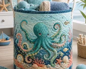 Personalized Octopus Toy Storage Basket, Custom Kids Room Organizer for Ocean Theme Nursery, Baby Shower Gift, Under the Sea Playroom Decor