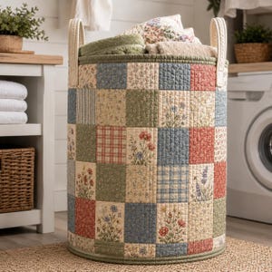 May include: A cylindrical laundry hamper featuring a quilted patchwork design with various floral, plaid, and striped patterns in muted shades of blue, green, red, and cream. The hamper includes two sturdy cream-colored fabric handles at the top.
