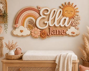 Personalized Boho Rainbow Nursery Name Sign, Sunshine Baby Girl Wall Decor, Custom Wooden Name Plaque