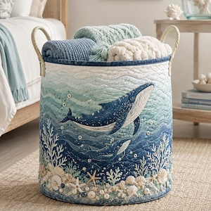 Personalized Whale Storage Basket, Custom Coastal Blanket Basket for Beach House, Airbnb Host Gift, Nautical Bedroom Organizer