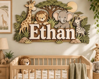 Personalized Safari Nursery Name Sign, Custom Giraffe Lion Elephant Zebra Wall Decor for Baby Boy, Jungle Birthday Gift