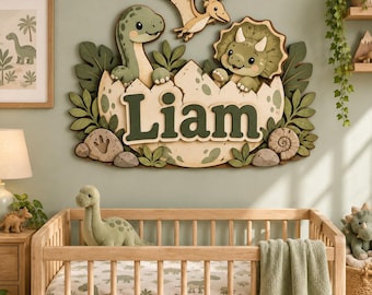 Personalized Dino Egg Name Sign, Custom Dinosaur Wall Decor for Baby Boy, First Birthday Gift, Prehistoric Nursery Decor