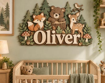 Personalized Woodland Nursery Name Sign, Custom Fox Bear Deer Wall Decor for Baby Boy, Baby Shower Gift, Forest Nursery Decor
