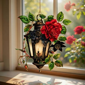 May include: A decorative black lantern with a lit candle inside, adorned with red roses, dark blue flowers, and green leaves. The lantern hangs from a chain and is set against a window with a blurred background of roses.