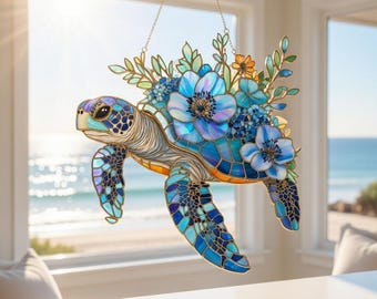 Sea Turtle Floral Suncatcher Window Hanging:  Style Acrylic Ocean Animal Decoration Keepsake