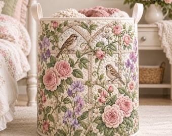 Cottage Rose Bird Laundry Basket, Sparrow Floral Storage Hamper for Women, Shabby Chic Bedroom Decor, Garden Lover Gift