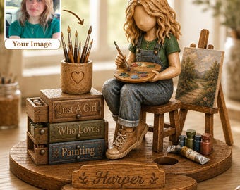Personalized Painter 2D Flat Wooden Block for Artist, Custom Portrait Gift for Her, Birthday Art Studio Decor