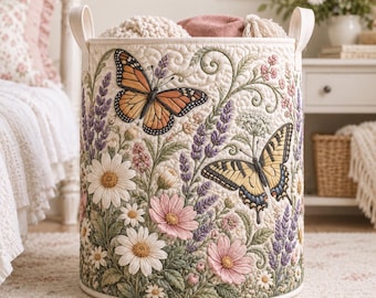Butterfly Wildflower Laundry Basket, Monarch Lavender Storage Hamper for Women, Cottagecore Bedroom Decor, Gardener Gift