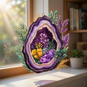 Puede incluir: Un atrapasoles decorativo de vidrio en forma de geoda. La geoda presenta tonos de morado, amarillo y verde, con un grupo central de flores y un cristal. El atrapasoles está suspendido por una cadena dorada, agregando un toque de elegancia a cualquier espacio.