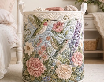 Hummingbird Quilted Laundry Basket, Floral Storage Hamper for Grandma, Garden Lover Gift, Spring Bedroom Blanket & Toy Organizer