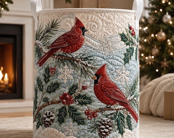 Cardinal Quilted Laundry Basket, Red Bird Storage Hamper for Grandma, Christmas Gift, Winter Home Decor, Blanket & Toy Organizer