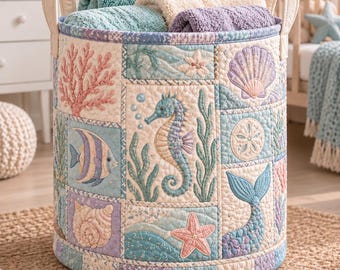 Ocean Laundry Basket for Kids, Seahorse Mermaid Tail Storage Bin, Coastal Nursery Decor, Baby Shower Gift, Beach Room Organizer