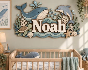 Personalized Ocean Nursery Name Sign, Custom Whale Dolphin Turtle Wall Decor for Baby Boy, Baby Shower Gift, Under Sea Nursery