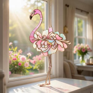 Puede incluir: Un atrapasoles de vidrieras con forma de flamenco, cuyo cuerpo está compuesto por pétalos de flores superpuestos en tonos rosa y blanco. La pieza presenta un cuello largo y esbelto, un pico con punta negra y patas metálicas finas, todo enmarcado en metal.