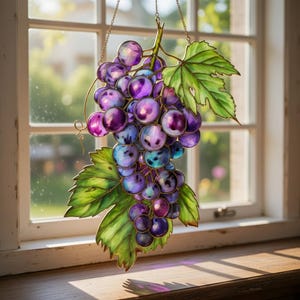 May include: A stained glass grape cluster with purple, blue, and green hues hangs in front of a window. The grapes are round and translucent, with a variety of shades. Green leaves with gold outlines accompany the grapes, and the piece is suspended by a delicate chain.