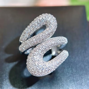 Luxury Double Loop Pave Diamond Ring – Statement Wrap Design in Silver | Moissanite Sparkle  925 Sterling Silver