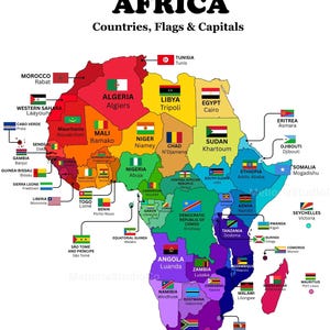 Mappa digitale dell'Africa con bandiere e capitali dei paesi stampabili, poster arcobaleno colorato, versione solo per paesi, decorazione murale con geografia