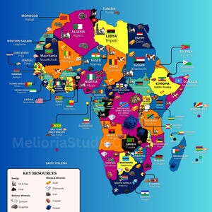 Digitale kaart van natuurlijke hulpbronnen van Afrika, kleurrijke afdrukbare kaart met landen, hoofdsteden, vlaggen en natuurlijke hulpbronnen, mineralen en exportposter